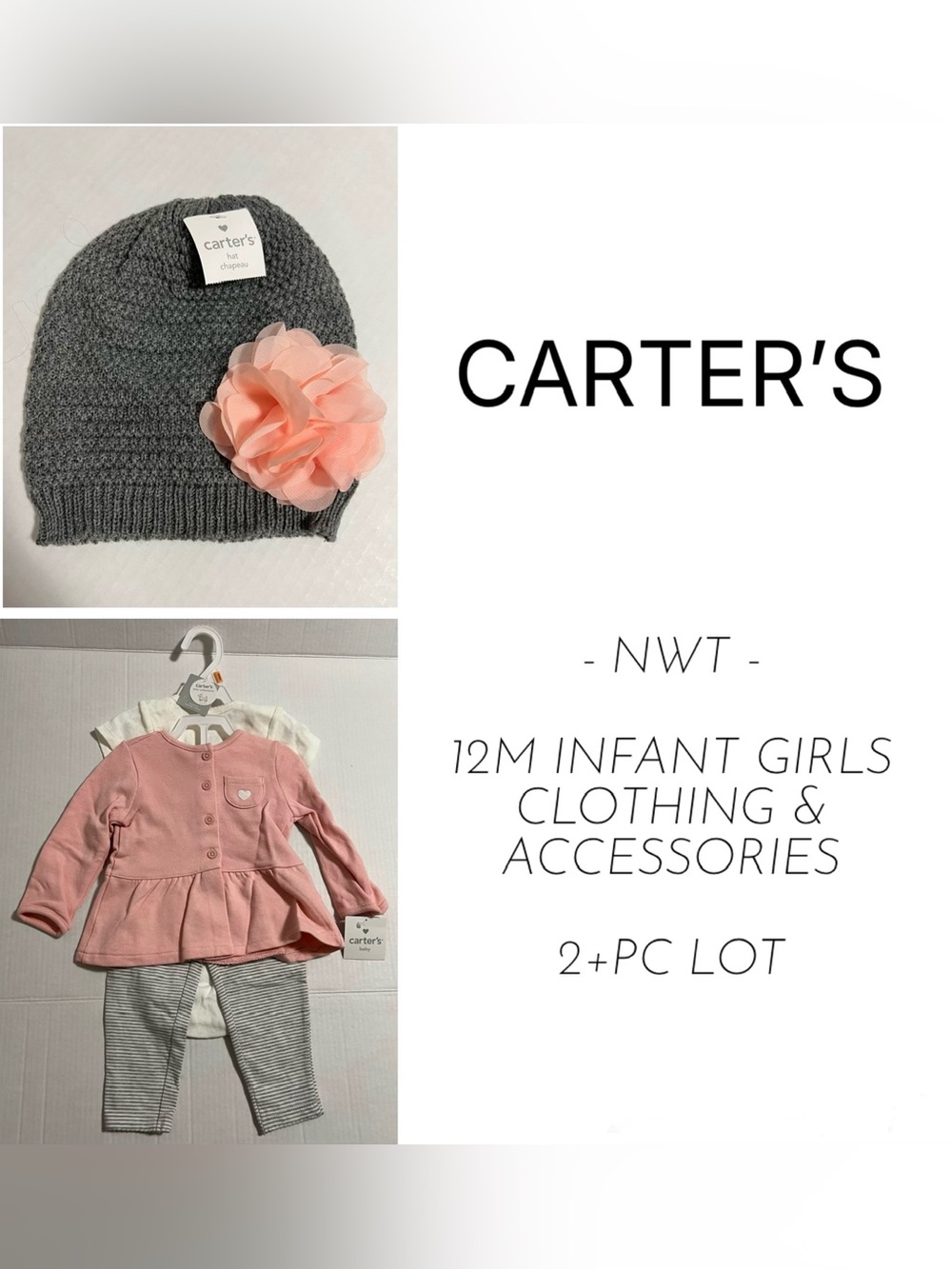 CARTER’S - 12M - NWT - 2+PCS - INFANT GIRLS HEART CARDIGAN OUTFIT AND HAT LOT